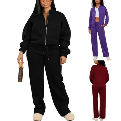 Womens 2Pcs Outfits Sweatsuit Tracksuit Set Zip High Waist Wide Leg Sweatpants - Image 1 of 4
