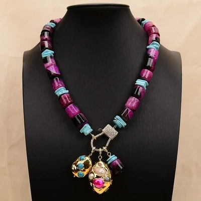 Collar colgante de perlas barrocas azul turquesa ágata rosa natural de 18"" Foto 1 de 4