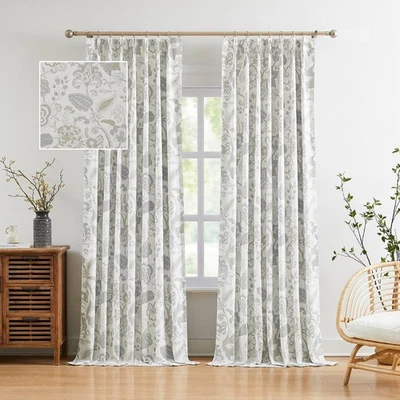 Cortinas oscuras con estampado botánico lino gris floral hoja granja  Foto 1 de 4