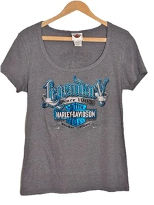 Vtg Women’s Harley Davidson T Shirt Large Gray Teal Metallic Lettering Biker  - Picture 1 of 5