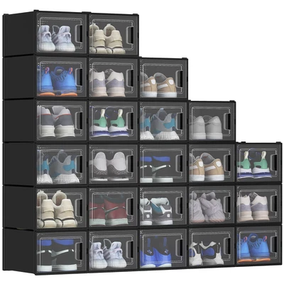 TAUS 12/18/20/24 PCS Shoe Storage Box Clear Stackable Shoe Container XL Black