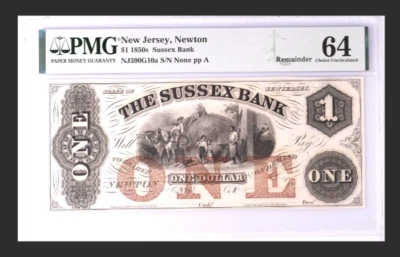PMG 64 USA 1850s $1 Sussex Bank New Jersey ,Newton NJ390G10a choice uncirculated - Image 1 of 2