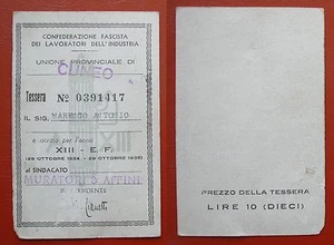 ORIGINAL FASCIST CARD TESSERA CONFEDERAZ. FASCISTA MURATORI E AFFINI 1935 CUNEO - Picture 1 of 1
