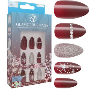 W7 Glamorous Nails - Sugar & Spice Shiny False Fake Stick On Glue Included Xmas
