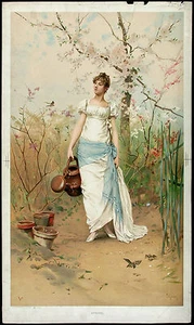 FH KAEMMERER Antik & Ultra Selten 19.Jh. 1887 Chromolitho der schönen Dame FRÜHLING - Bild 1 von 1
