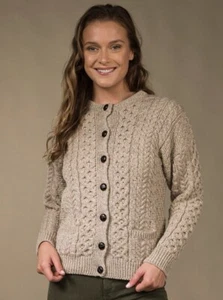 Irish Cardigan Sweater Women 100% Merino Wool Lumber Jacket by Aran Woollen Mill - Picture 1 of 23