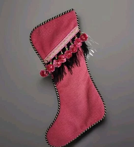 Christmas Stocking Textured Pink Black Green Feathers Beaded Elegant Fancy - Picture 1 of 14