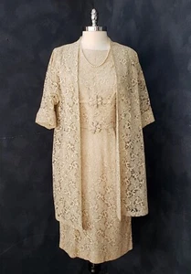 Vintage 50s Two Piece Lace Wiggle Dress & Swing Jacket Set Beige L - Picture 1 of 23