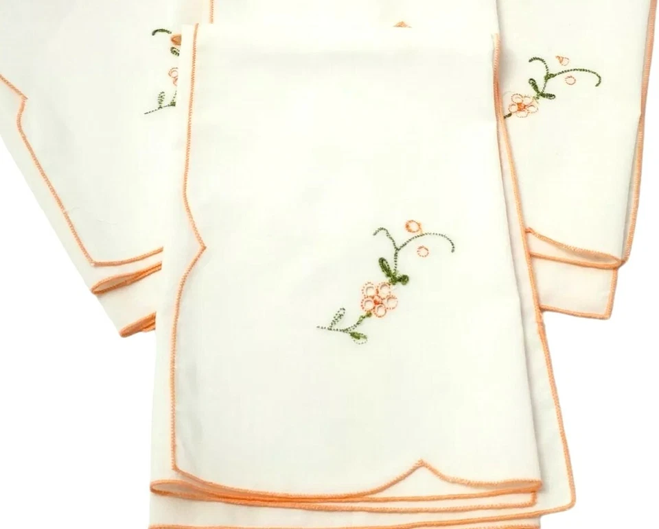 Vintage Embroidered Hankies Handkerchief Floral Coral Pink Trim Lot of 4 NOS - Image 1 of 4