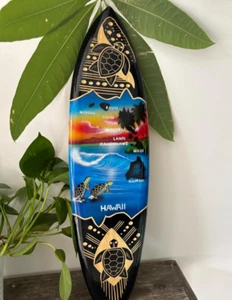 Hawaiian Hand Made 20" Carved Wooden Surfboard Airbrush Honu Turtle Islands Map - Picture 1 of 4