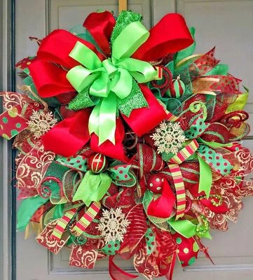 Handmade Christmas Front Door Wreath Large 24" Deco Mesh Gold Snowflake Decor - Image 1 of 4