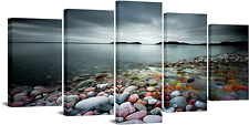 Lake Pictures Wall Art Canvas 5 Panels Colorful Beach Lake Stones Landscape Canv