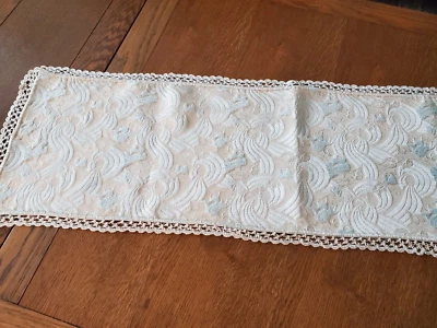 Vintage Beige Blue Damask Floral Brocade Tapestry Table Runner Crochet Hem 11X37 - Image 1 of 4