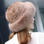 Knitted Real Mink Fur Hat Cap Stretch Fox Fur Trim Fashion bowler Top Pot Hat