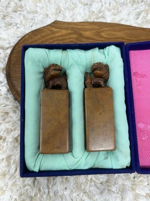 Par de sellos de jabonera chinos Foo Dog de colección Foto 1 de 3