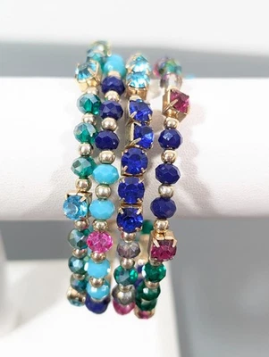 Brazalete Boho Azul Rosa Verde Estrás Cuentas Bobina Envolvente Tono Dorado 7.5 pulgadas Foto 1 de 4