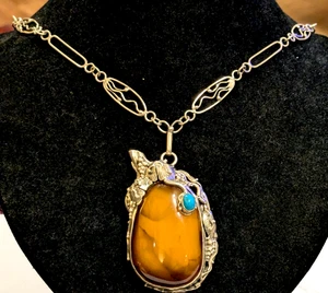 Large vintage sterling silver necklace with amber & turquoise stones 36.7 gmsss - Picture 1 of 16