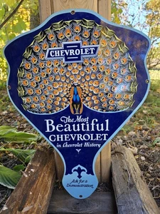 COLORFUL VINTAGE THE MOST BEAUTIFUL CHEVROLET PORCELAIN SIGN 18" X 24" - Picture 1 of 5