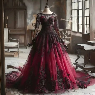Vestidos de novia góticos negros borgoña mangas largas apliques de encaje vestidos de novia Foto 1 de 4