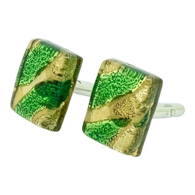 Murano Glass Cufflinks Green Gold Millefiori Rectangular - Image 1 of 4