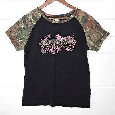 Camisa grande Mossy Oak para mujer manga corta negra camuflada 100 % algodón Foto 1 de 4