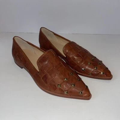 Frye Kenzie Woven Pointed Toe Flats Cognac Brown Studded Sheep Leather Womens 6 - Image 1 of 4