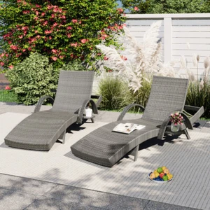 2-Pc Outdoor Wicker Chaise Lounge Set w/ Side Table & Adjustable Backrest - Picture 1 of 24