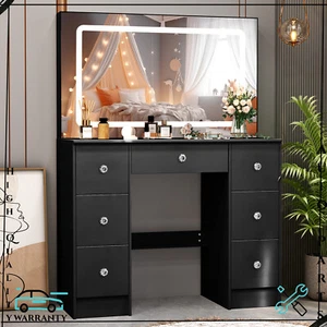 Bedroom Dressing Table Makeup Desk Black Vanity with LED Mirror & 7 Drawers Set - Picture 1 of 10