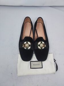 Gucci Etoile Faux Pearl Black Velvet Smoking Flat Loafer Size EU 38 US 8