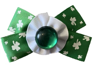 St. Patrick’s Day Hair Barrette 3.5” x 2” Green Grosgrain w/Shamrocks Ages 3+ - Picture 1 of 4