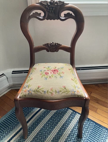 Antique Victorian flower needlepoint balloon-back chair seat dining or accent Cover