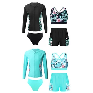 Kids Girls Swimwear Print Swimsuit Ruffle Bathing Suit Surfing Open Back 4Pcs - Picture 1 of 30
