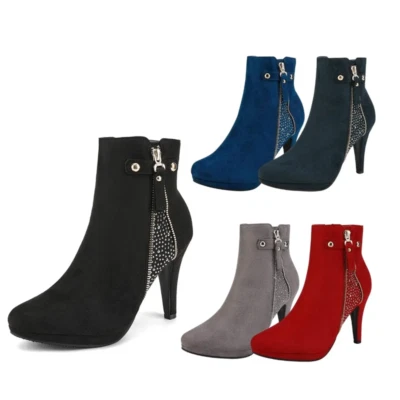 Womens Fashion Ankle Boots Stiletto High Heels Zip Up Winter Booties - Image 1 of 4