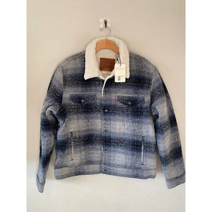 Levi's Sherpa Trucker Jacket Plaid Fleece Lined Warm Winter Coat L - Picture 1 of 6
