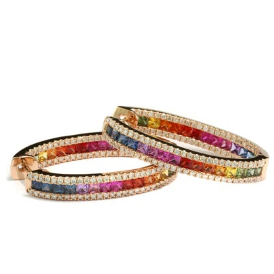 Pendientes De Zafiro Con Diamantes De Arcoíris 4,14 Ct 750 Oro Rosa XL Aros - Imagen 1 de 2
