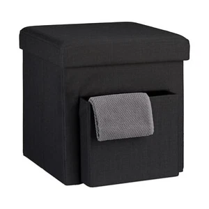 Tabouret de rangement carré pliant en lin avec couvercle compartiment pouf de... - Picture 1 of 7