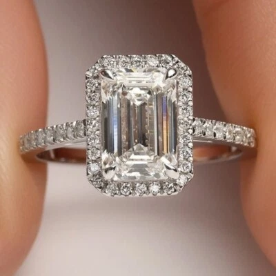 3.24 TCW Emerald Cut Moissanite Halo Engagement Ring 14K White Gold Plated - Image 1 of 4