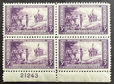 US 1934 Scv# 739 Plate Block of 4 MNH Wisconsin Tercentenary Nicolet's Landing - Image 1 of 2