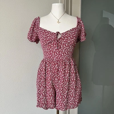 EUC Hollister Women’s Size Small 1Pc Burgundy Romper With Front Tie & Shorts - Image 1 of 4