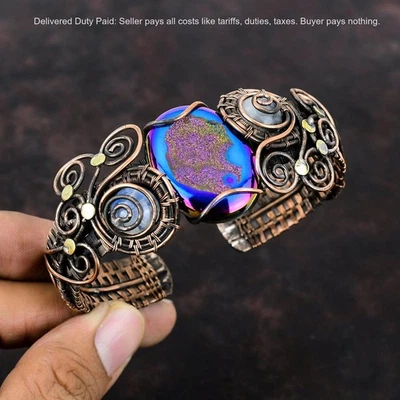 Brazalete brazalete envuelto en alambre de boda de cobre piedra lunar arco iris druzy de titanio natural Foto 1 de 4