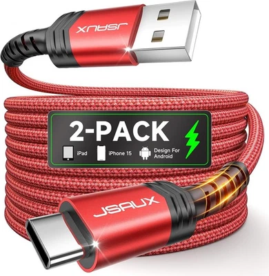 Cable USB C JSAUX [paquete de 2 6,6 pies], cable de A a rápido 6,6 pies + 6,6 pies, rojo  Foto 1 de 4