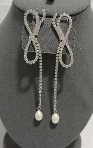 Bow Ribbon Rhinestone Earrings Genuine Freshwater Pearl Silver Tone  - Picture 1 of 23