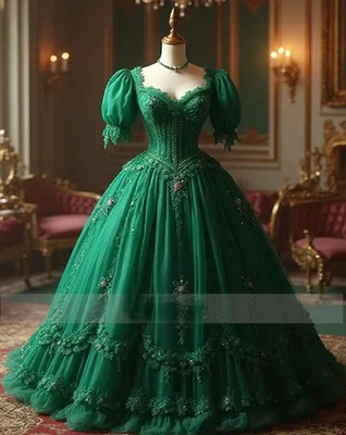 Vibrante Vestido de Boda Victoriano Verde con Encaje Manga Abullonada Disfraz Medieval Foto 1 de 4