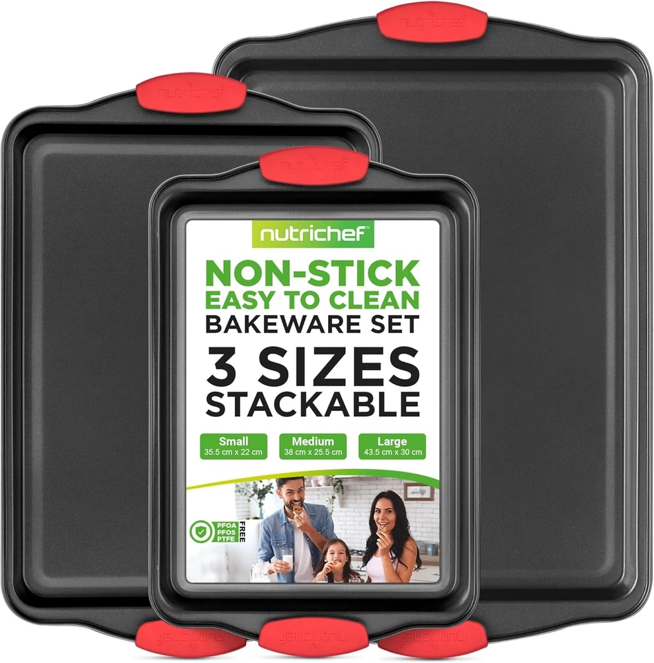 NutriChef 3-Piece Nonstick Kitchen Oven Baking Pans - Premium & Stylish