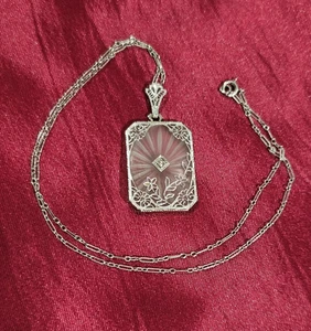 COLLAR COLGANTE ART DECO ORO BLANCO 14K DIAMANTE FILIGRANA ALCANFOR CRISTAL 16" - Imagen 1 de 7