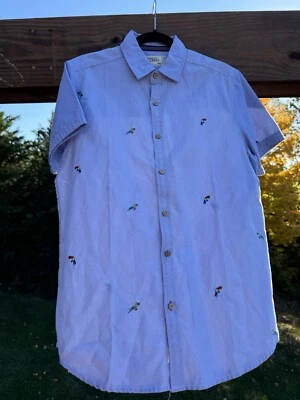 Free Planet Mens S Parrot Embroidered Parrots Button Up Shirt Blue - Image 1 of 4