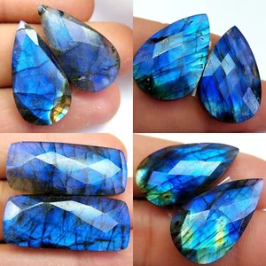 4 Pair 152Ct Natural Labradorite Faceted Gemstone Pair Lot 32x14 26x15mm #13087 - Picture 1 of 5
