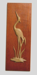 Kranich ** Reiher ** Reliefbild auf Holz ** Vintage Wandbild 50er 60er Jahre - Bild 1 von 4