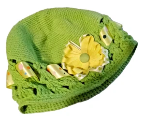 Baby Knit Green Hat With Yellow Ribbon And Flower 8.5" LYING FLAT - Picture 1 of 7