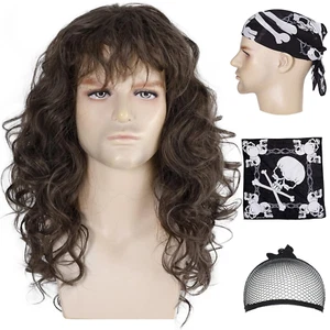 80S Rock Wig with Bandana - Mullet Brown Curly Hair Wig - Glam Metal Punk Rocker - Picture 1 of 12
